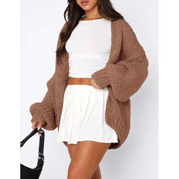 Womens Trendy Cardigan Sweaters Red Camel Long Sleeve Chunky Knit Outfits - Picture 4 of 8